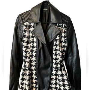 Bebe peplum tweed and vegan leather blazer